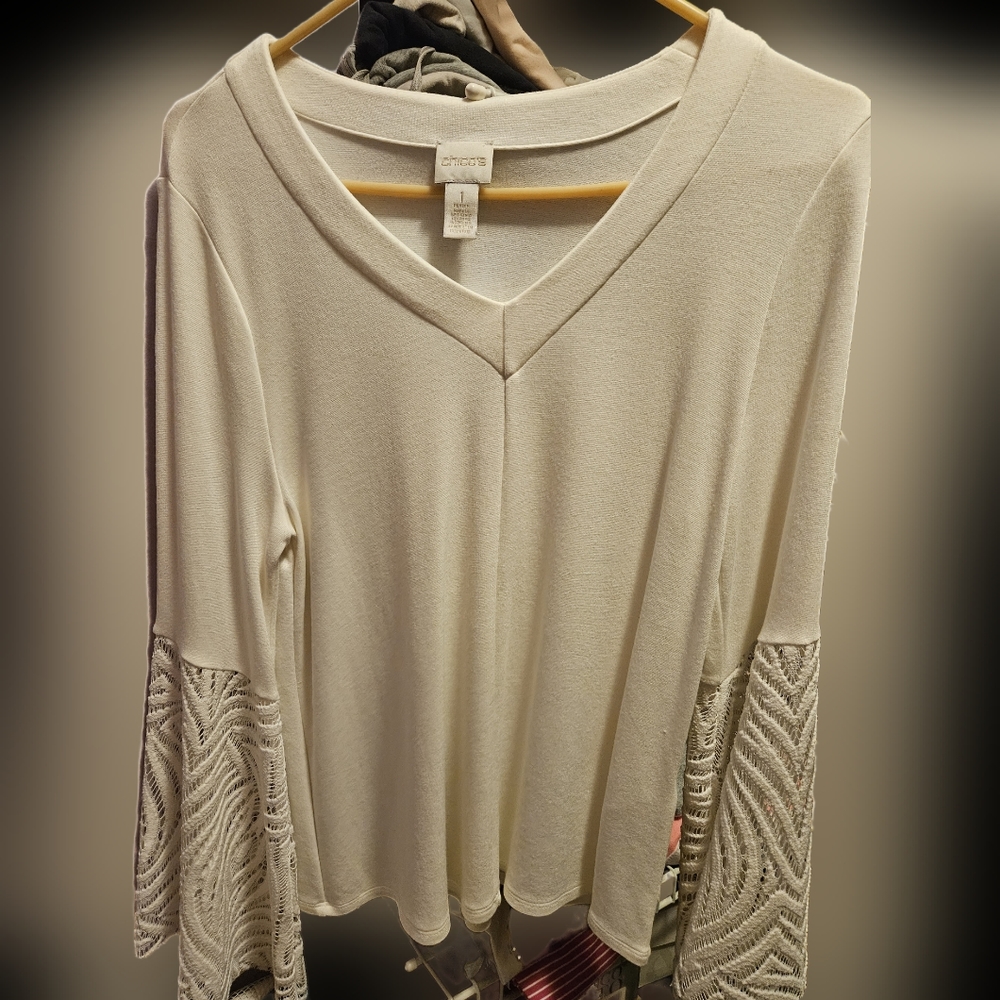 Chico's v-neck top with crochet bell sleeves